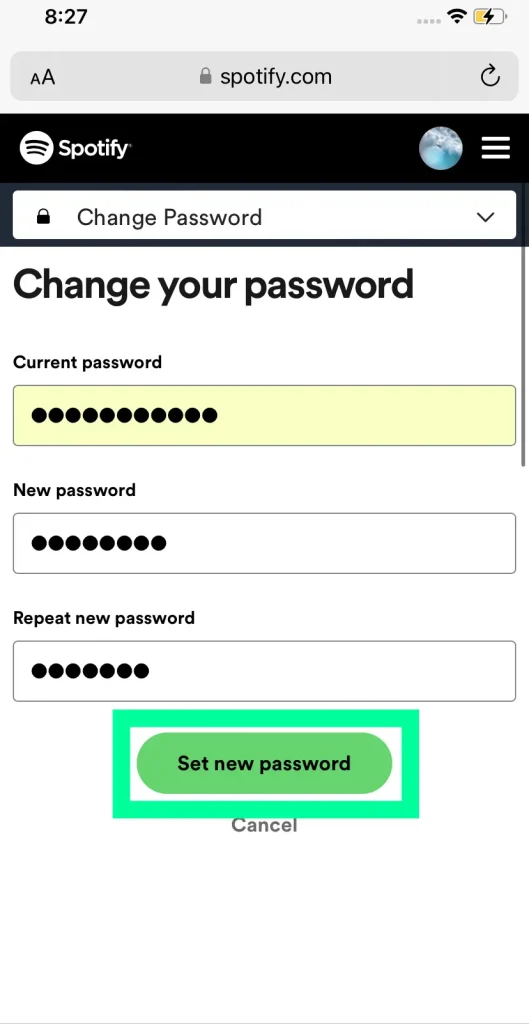 tap on set new password