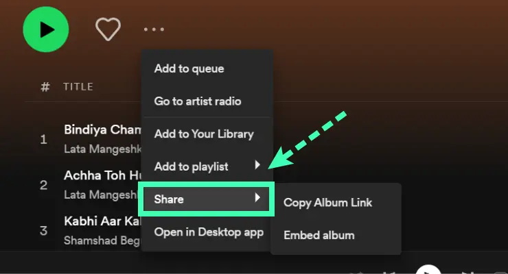 share music on Spotify web player